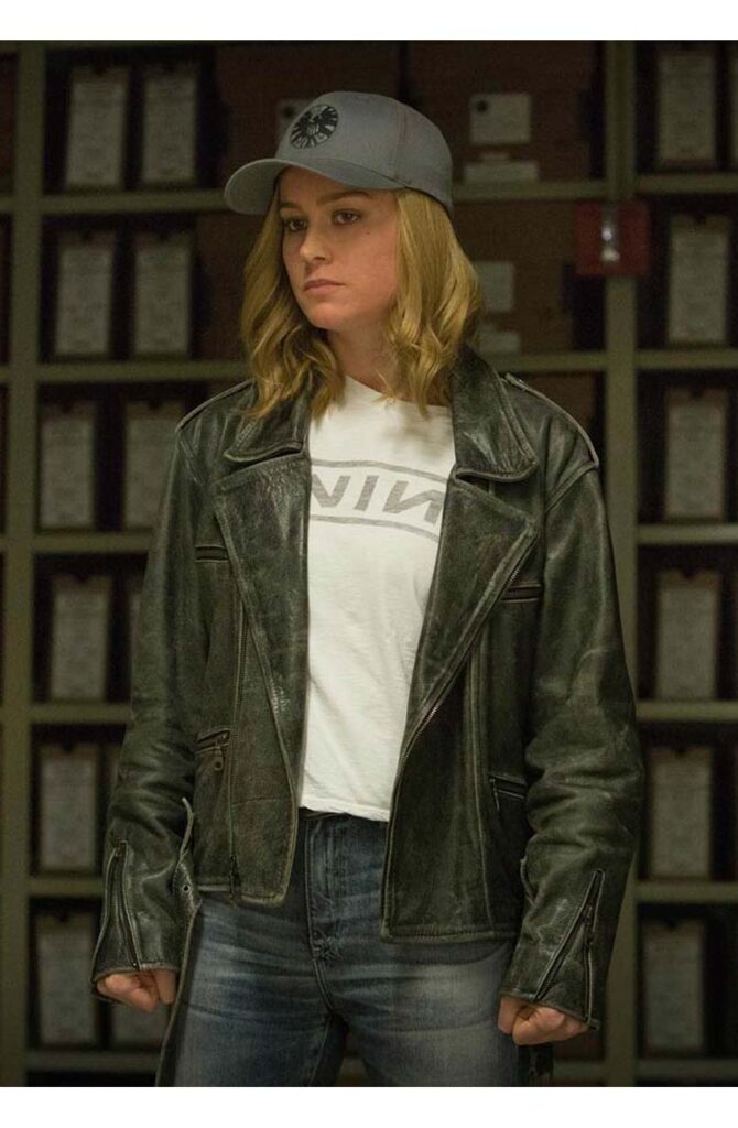 Brie Larson Captain Marvel Distressed Leather Jacket
