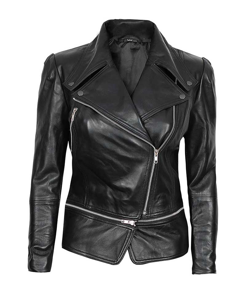 Women Black Leather Slim Fit Jacket