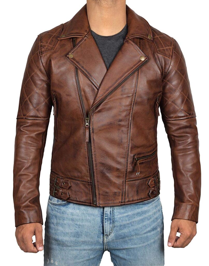 MEN'S CLASSIC DIAMOND QUILTED TAN BROWN LEATHER JACKET