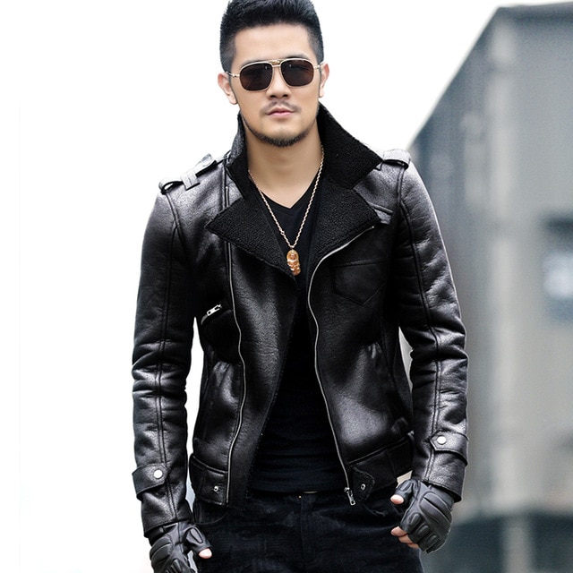 MEN'S BRANDO STYLE FAUX SHEARLING STYLISH MOTORCYCLE LEATHER JACKET