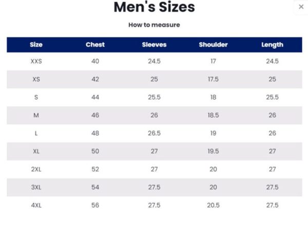USA JACKETS SIZE CHART