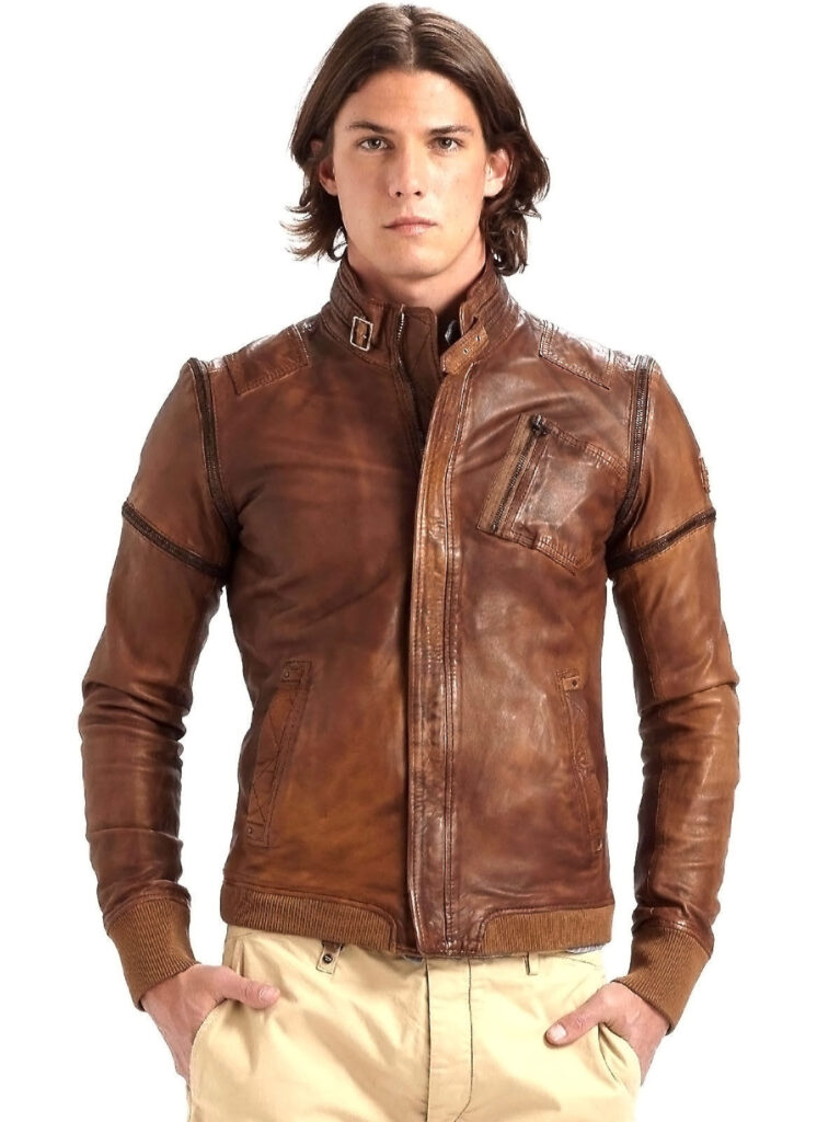 MEN'S UNIQUE CONVERTIBLE SLEEVES BROWN BIKER STYLE REAL LEATHER JACKET SALE