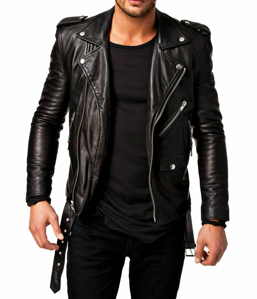 MEN'S MOTORCYCLE BLACK SLIM FIT BIKER GENUINE LAMBSKIN JACKET