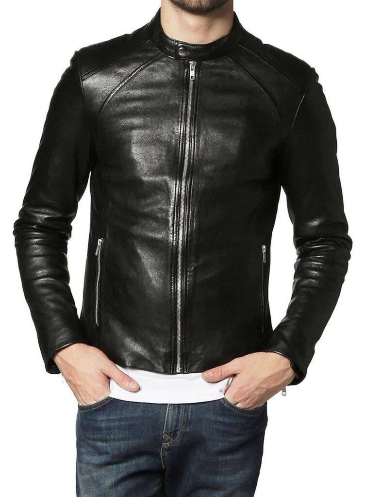 MEN'S GENUINE LAMBSKIN LEATHER JACKET SLIM FIT MOTO BIKER JACKET