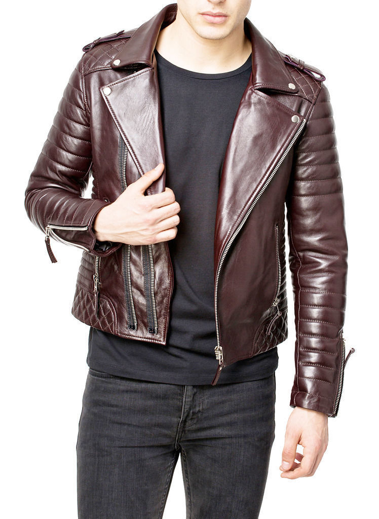 MEN'S GENUINE LEATHER QUILTED MOTORCYCLE JACKET SLIM FIT BIKER JACKET