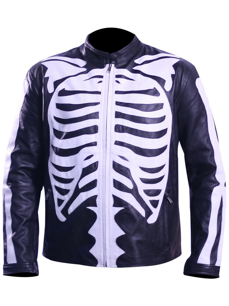 MEN'S MOTORCYCLE BIKER SKELETON BONES LEATHER JACKET - HALLOWEEN JACKET