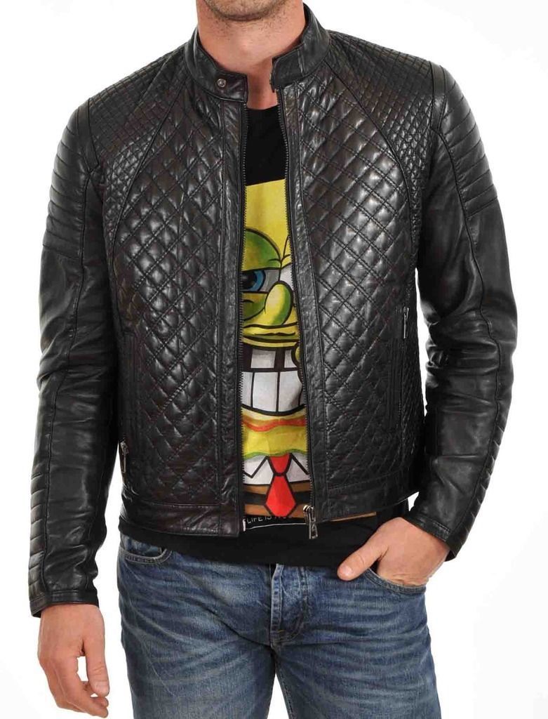 MEN'S QUILTED GENUINE LAMBSKIN BLACK LEATHER JACKET
