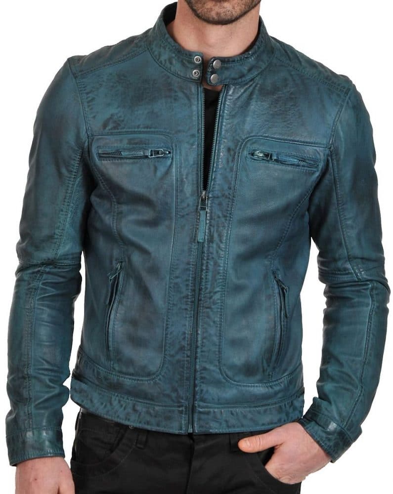 MEN'S BIKER VINTAGE CAFE RACER TEAL WAXED LEATHER JACKET