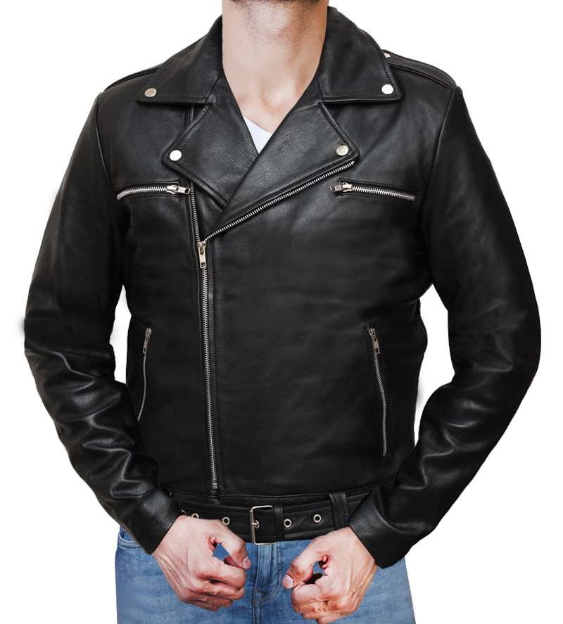 MEN'S NEGAN POLICE STYLE MOTORCYCLE BLACK LEATHER JACKET