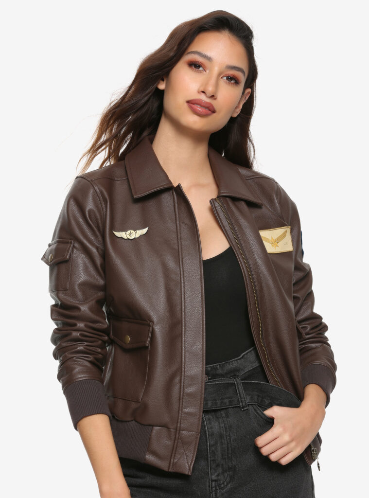 WOMEN'S CAPTAIN MARVEL FLIGHT BOMBER BROWN LEATHER JACKET