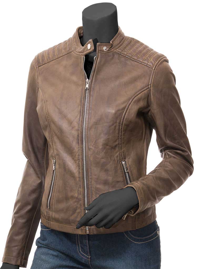 Women's Brown Biker Genuine Lambskin Leather Jacket