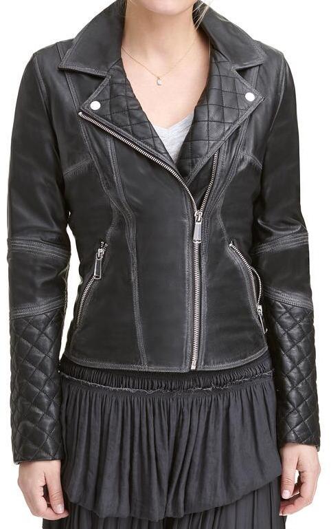 Women's Quilted Diamond Black Moto Leather Jacket