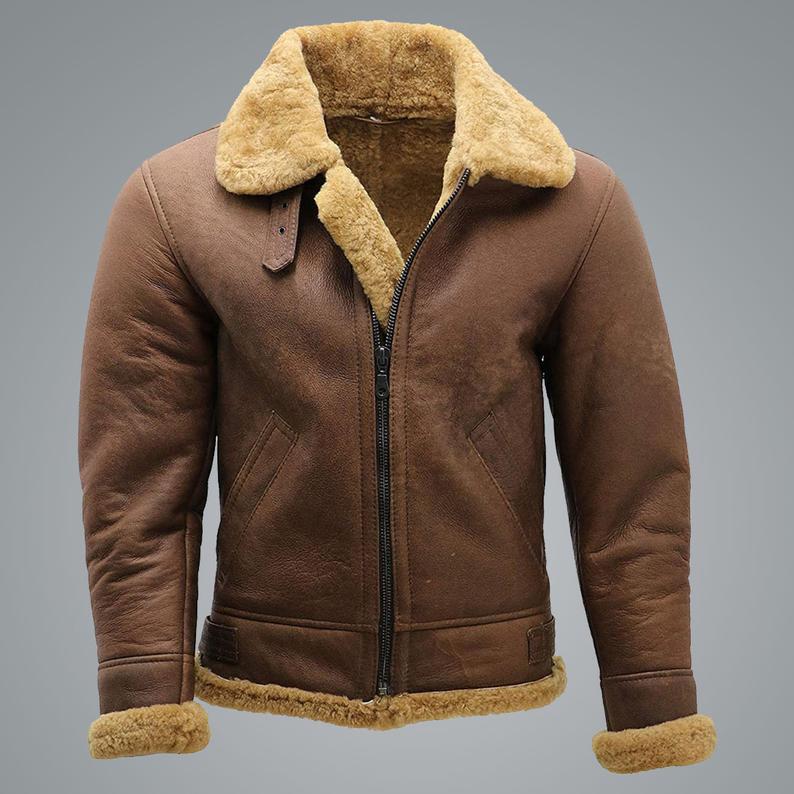 Men's Brown B3 Shearling Sheepskin WW 2 Bomber Leather Flying Aviator Jacket