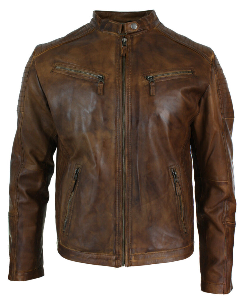 MEN'S SLIM FIT CROSS ZIP RETRO VINTAGE TAN BROWN LEATHER JACKET