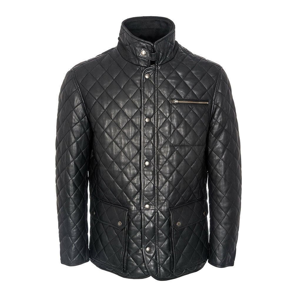 MEN'S BLACK REAL LEATHER JACKET FEATURING HIGH COLLAR QUILTED CRISS CROSS STITCH
