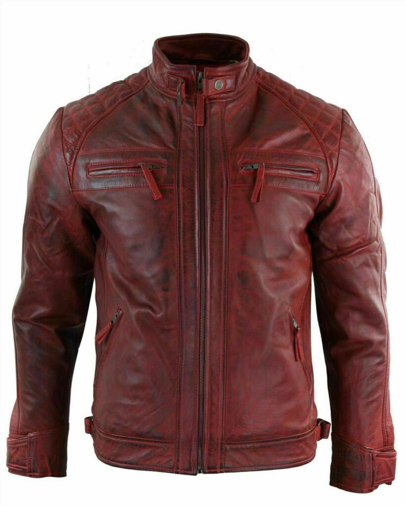 MEN'S RETRO STYLE BIKER DISTRESS MAROON LEATHER JACKET
