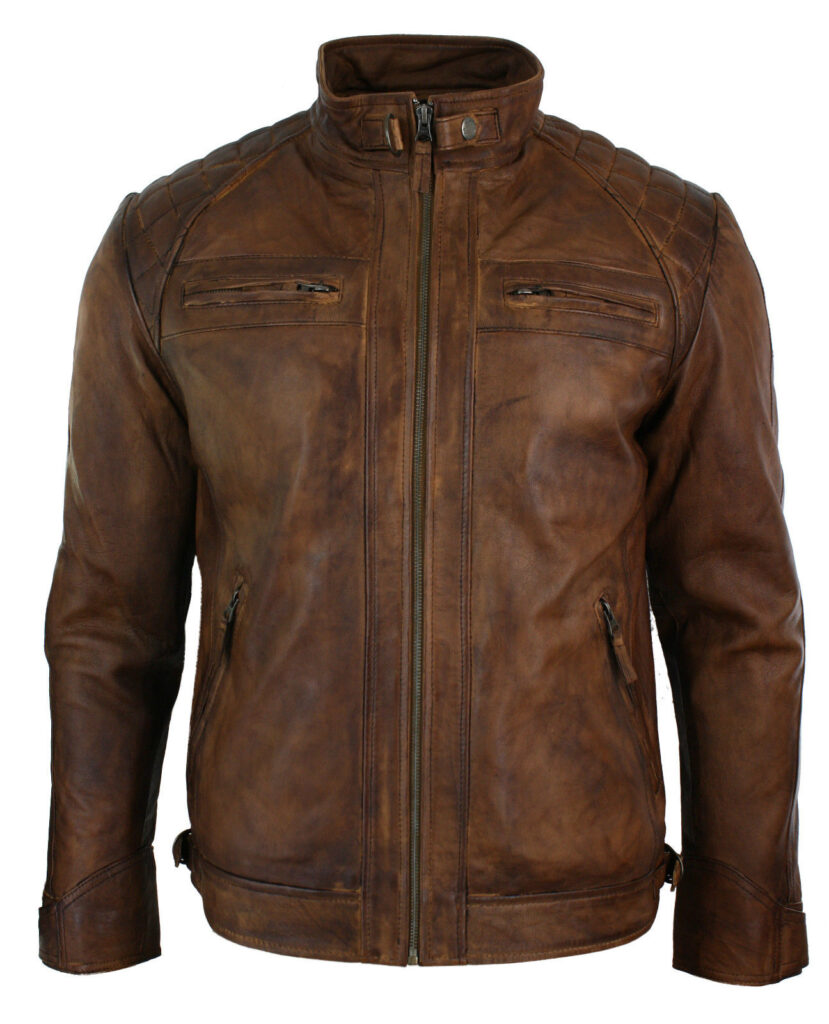 MEN'S RETRO STYLE ZIPPED BIKER JACKET REAL LEATHER JACKET