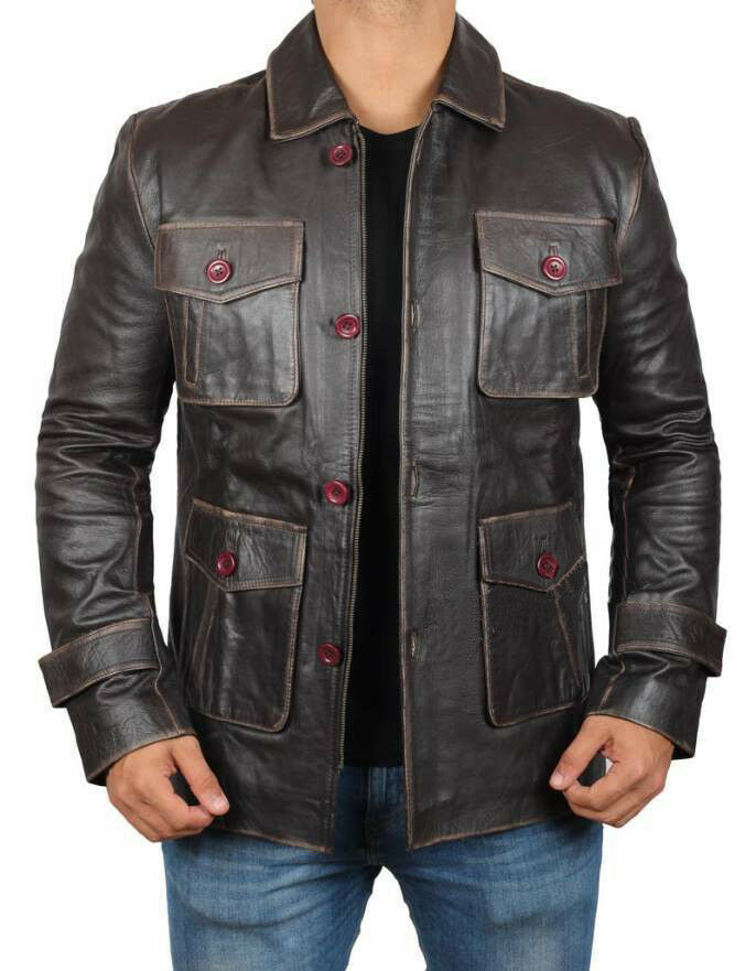 MEN'S BIKER VINTAGE DISTRESSED DARK BROWN JACKET