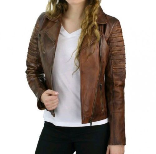Women Leather Jacket Cafe Racer Distress Brown Slim Fit Moto Biker Jacket