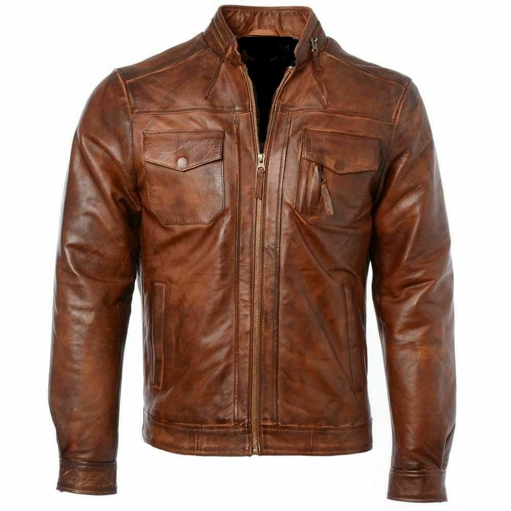 MEN'S BIKER JACKET MOTORCYCLE WAXED REAL LEATHER RETRO CASUAL MASCULINE DESIGN