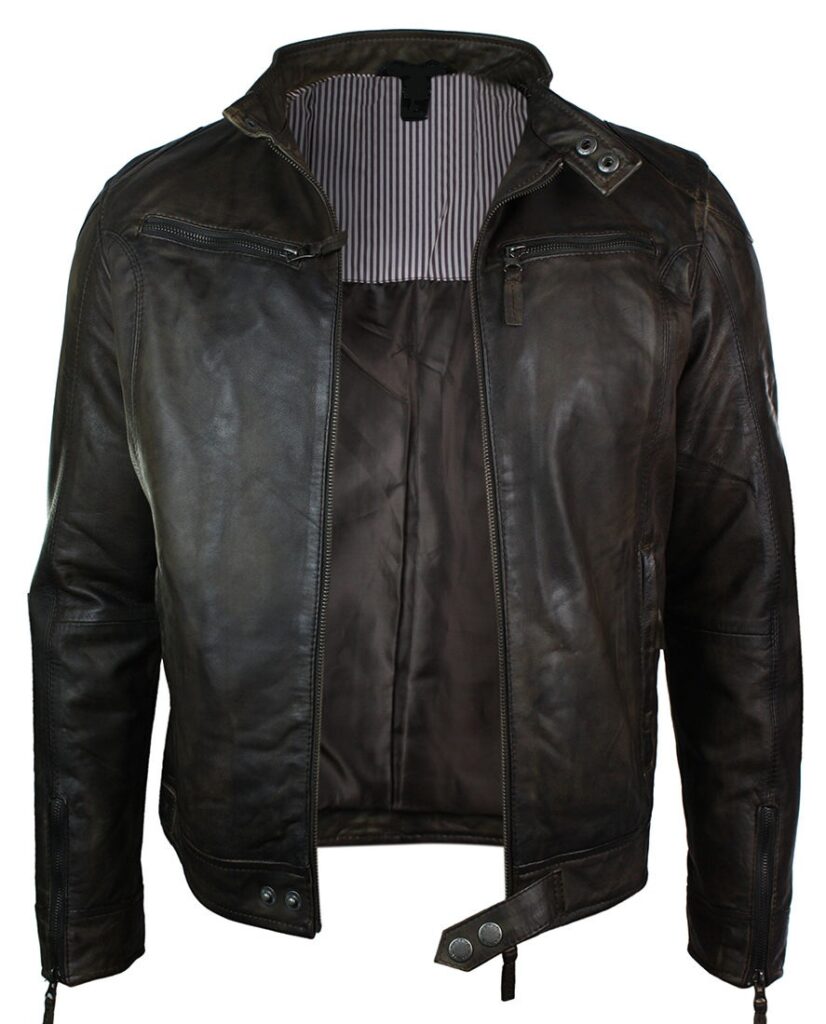 REAL LEATHER JACKET BIKER STYLE VINTAGE BROWN ZIPPED POCKETS