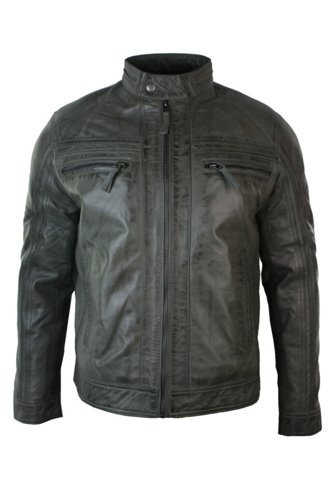 MEN'S RETRO STYLE ZIPPED BIKER JACKET REAL LEATHER SOFT GREY