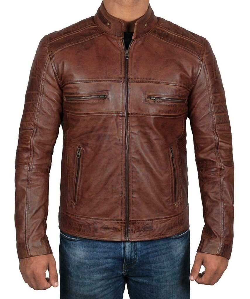 MEN'S CAFE RACER DISTRESSED BROWN REAL LAMBSKIN LEATHER JACKET