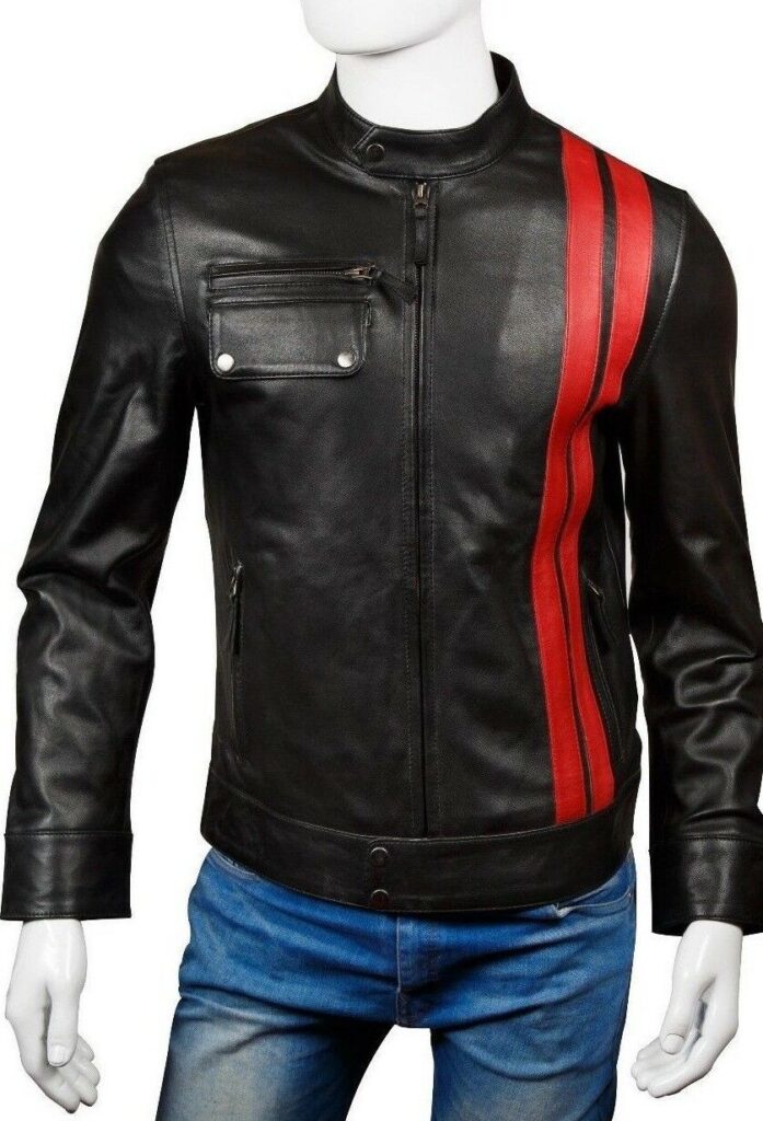 Men's Black Classic Biker Leather Jacket With Red Stripes 