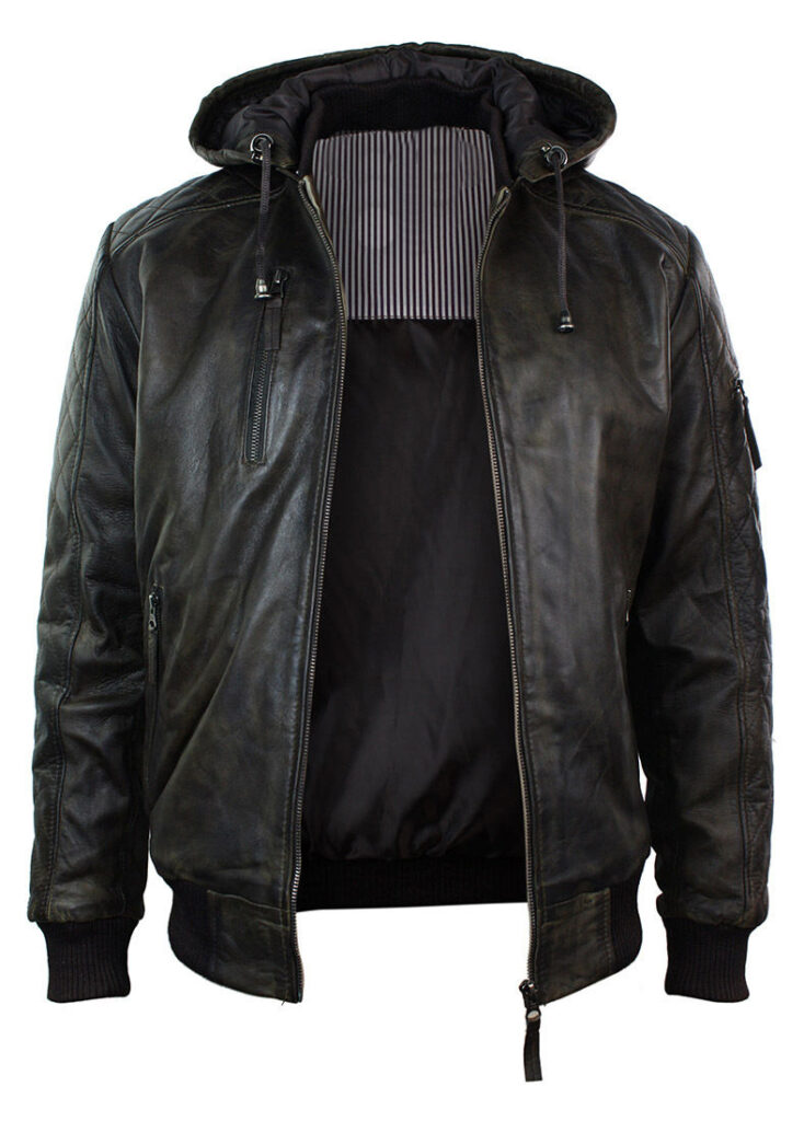 MEN'S Dark BROWN WASHED DISTRESSED REMOVABLE HOOD BOMBER QUILTED LEATHER JACKET