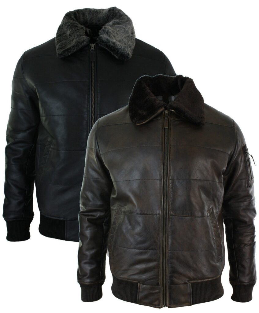 MEN'S PUFFER QUILTED REAL LEATHER PILOT FUR COLLAR BOMBER JACKET