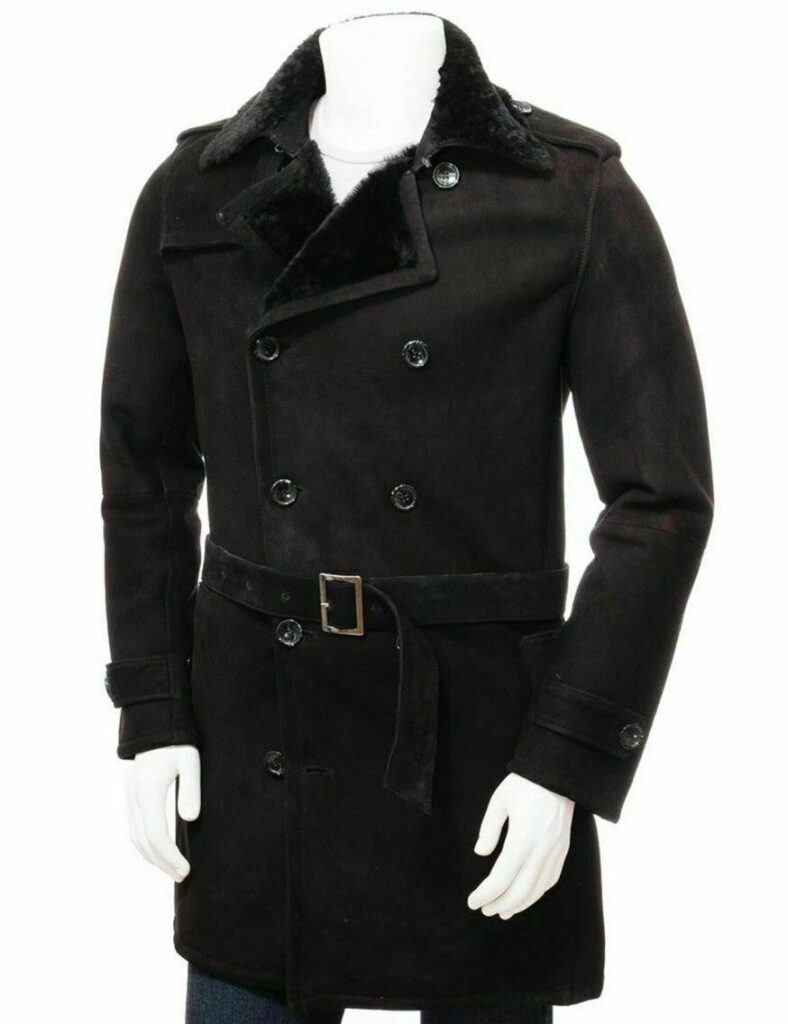 MEN'S BRAND NEW WARM BLACK SHEEPSKIN SHEARLING FUR TRENCH COAT