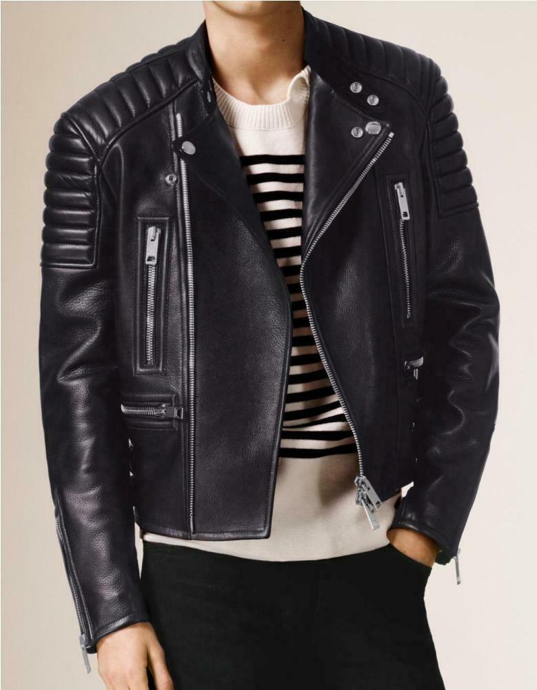 MEN'S ASYMMETRICAL ZIP-UP MOTORCYCLE LEATHER JACKET PADDED SHOULDERS