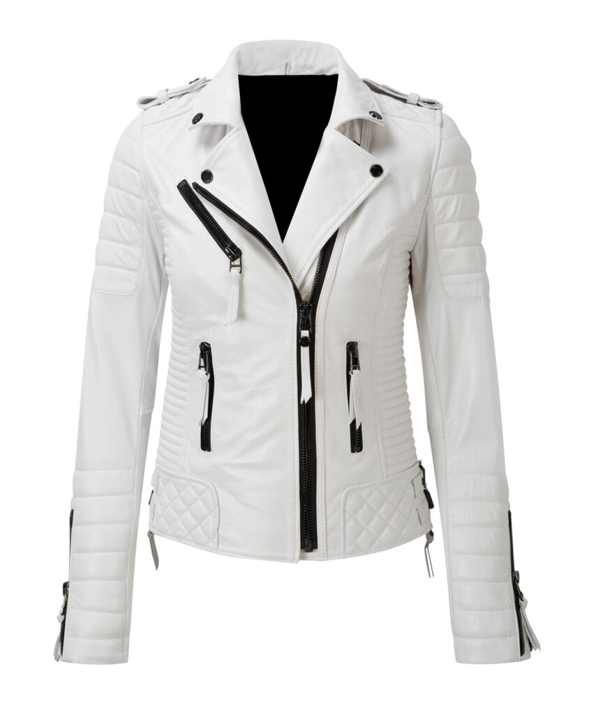 Women's Slim Fit Biker Diamond Quilted Kay Michaels White Leather Jacket