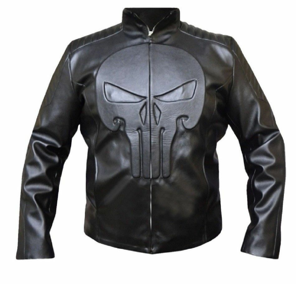 Men's Punisher Black Skull Emblem Frank Castle Thomas Jane Cowhide Leather Jacket
