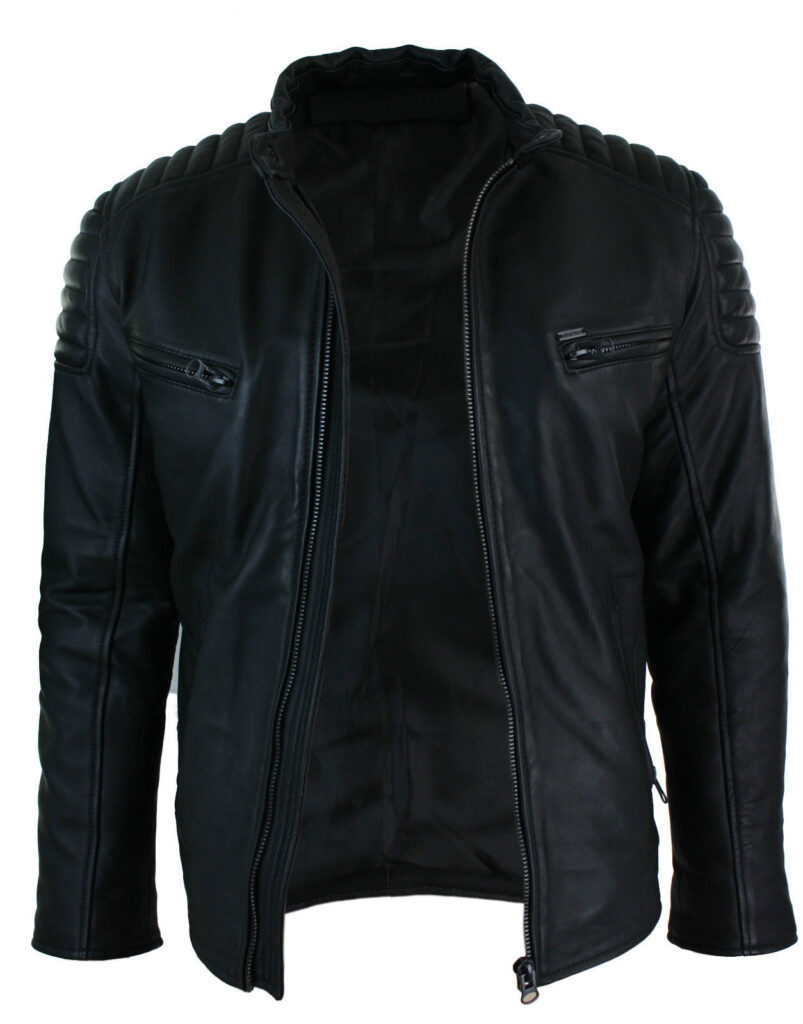 MEN'S FITTED BIKER WASHED BLACK LEATHER QUILTED SHOULDER JACKET