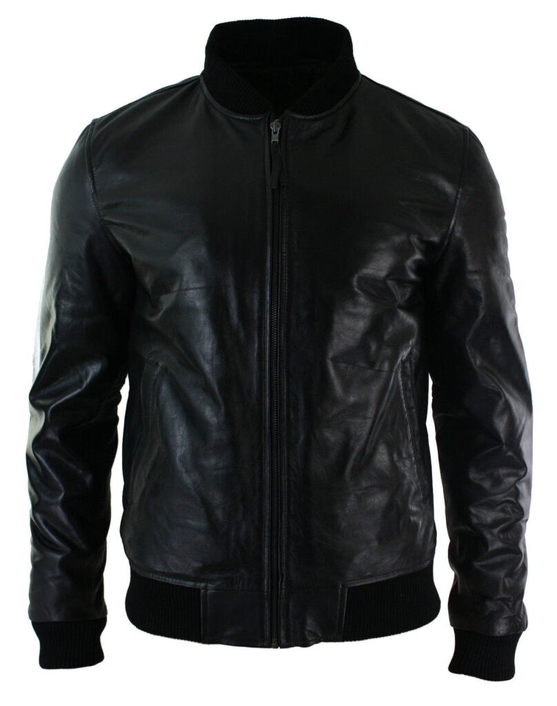 MEN'S FITTED REAL LEATHER BLACK VARSITY BOMBER JACKET