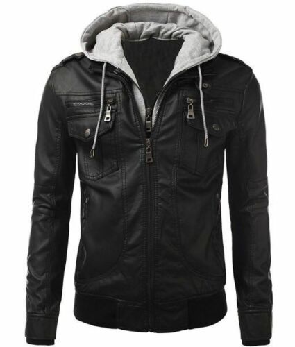 MEN'S MOTORCYCLE BRANDO STYLE BIKER REAL LEATHER HOODIE JACKET
