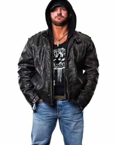 MEN'S DETACHABLE HOODED AJ STYLES LEATHER WWE TNA JACKET